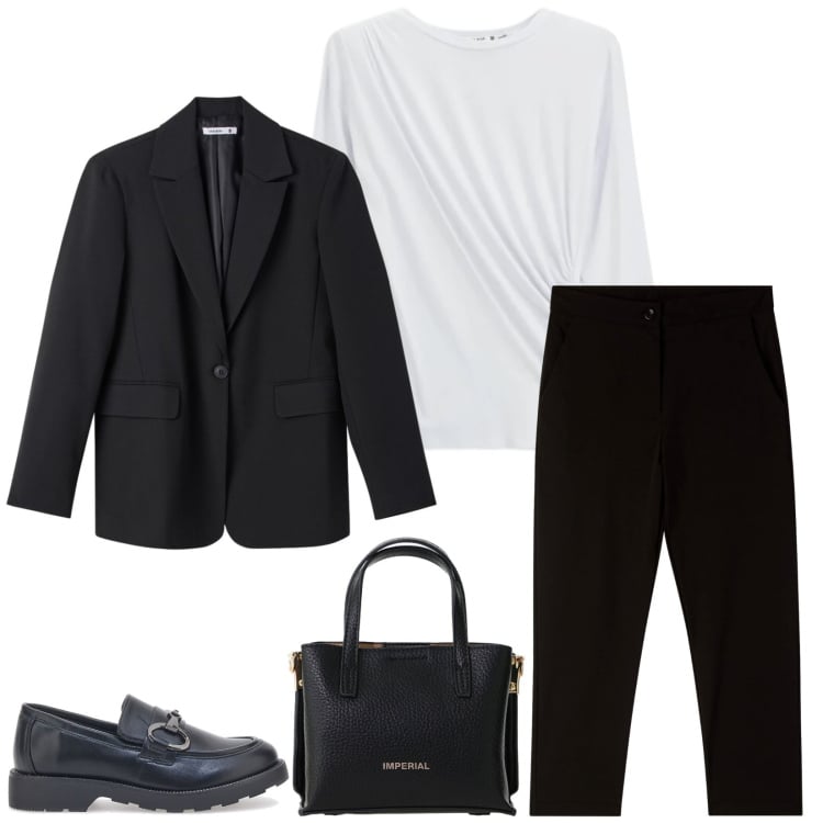 Outfit donna - Total look #2394132. Stile Minimal per Ufficio. Abbinamento con pantaloni capri, blazer, top, borse a tracolla, mocassini.