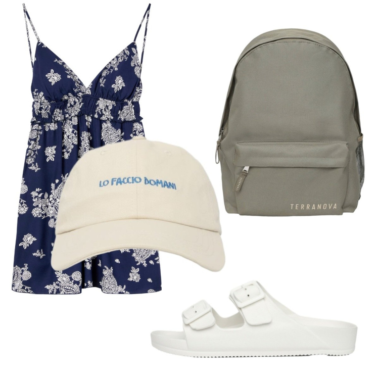 Outfit donna - Gita estiva. Stile Casual per Tutti i giorni. Abbinamento con vestiti corti, zaini, cappelli con visiera, ciabatte.