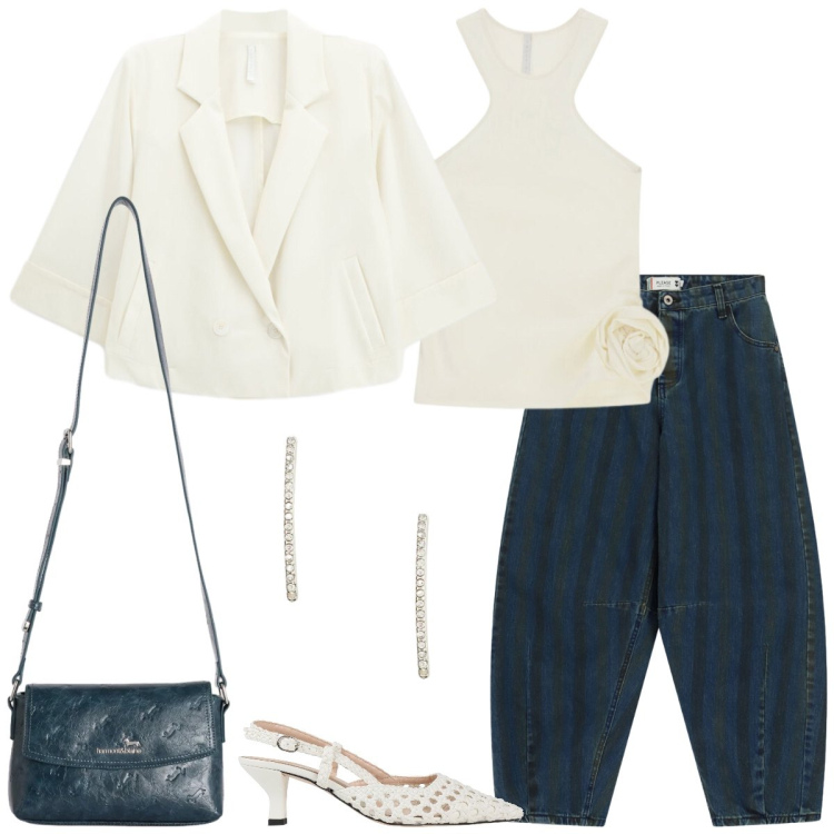 Outfit donna - Jeans preppy. Stile Preppy per Tutti i giorni. Abbinamento con décolleté, borse a tracolla, jeans, blazer, top, orecchini.