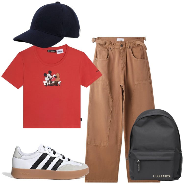 Outfit donna - Total look #2394135. Stile Casual per Tutti i giorni. Abbinamento con pantaloni, zaini, cappelli con visiera, t-shirt, sneakers.