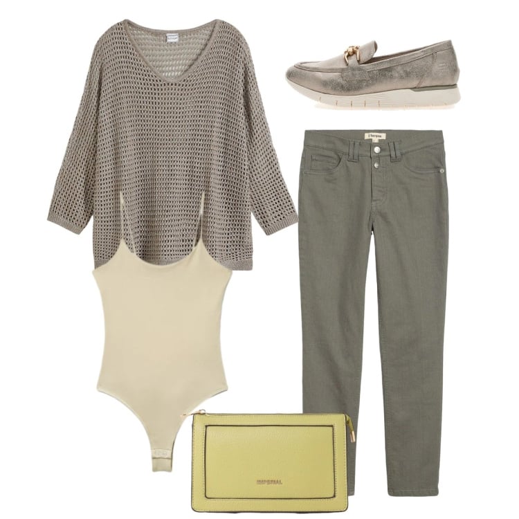 Outfit donna - Total look. Stile Basic per Tutti i giorni. Abbinamento con maglieria, pantaloni, canottiere, borse a tracolla, mocassini.