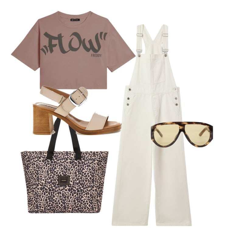 Outfit donna - Total jumpsuit. Stile Casual per Tutti i giorni. Abbinamento con salopette, occhiali da sole, t-shirt, shopping bag, sandali col tacco.