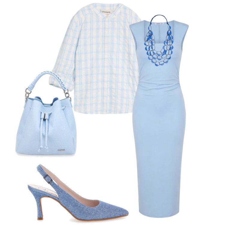 Outfit donna - Colori tenui. Stile Chic per Serata fuori. Abbinamento con bluse, vestiti midi/longuette, collane, borse a secchiello, décolleté.