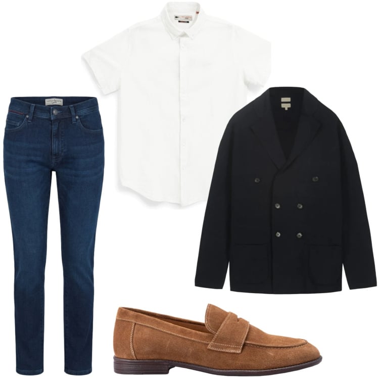 Outfit uomo - Mocassino ricercato. Stile Casual per Tutti i giorni. Abbinamento con jeans slim fit, cardigans, scarpe stringate, camicie a manica corta.