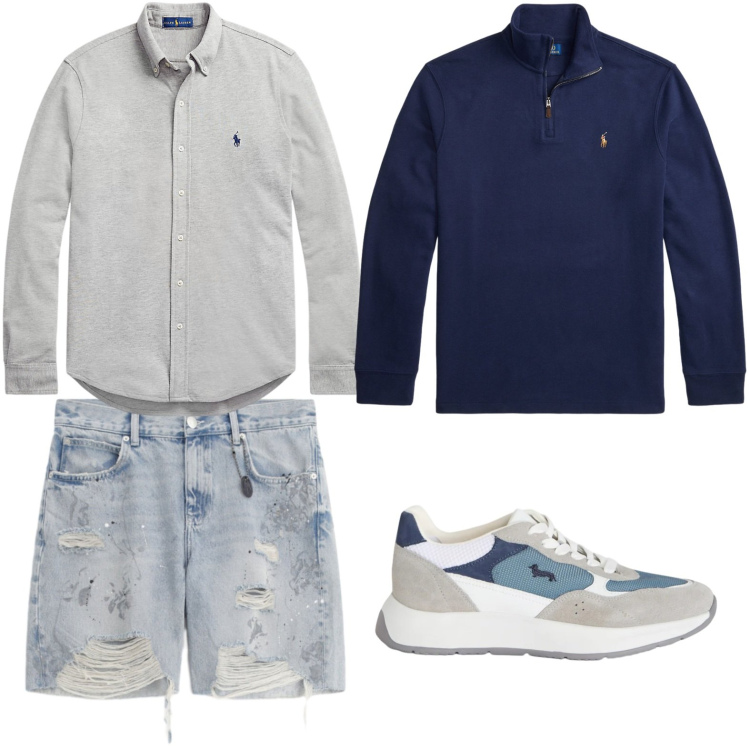 Outfit uomo - Dettagli strappati. Stile Trendy per Tutti i giorni. Abbinamento con bermuda, sneakers, camicie, pullovers.