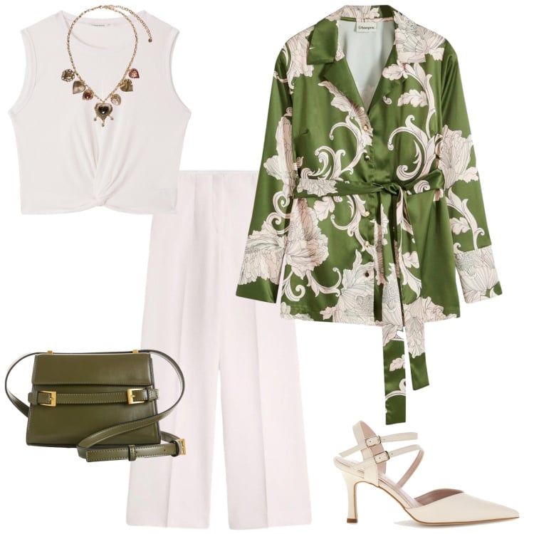 Outfit donna - Giacca vestaglia. Stile Casual chic per Serata fuori. Abbinamento con bluse, pantaloni, borse a tracolla, canottiere, collane, décolleté.