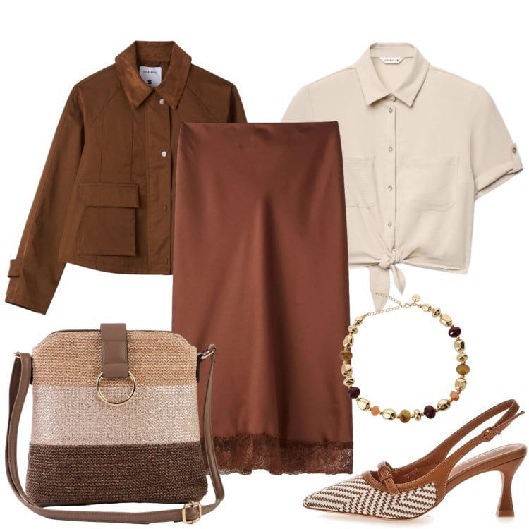 Outfit donna - Giochi di marrone. Stile Chic per Tutti i giorni. Abbinamento con borse a tracolla, camicie a manica corta, gonne longuette, cappotti, collane, décolleté.