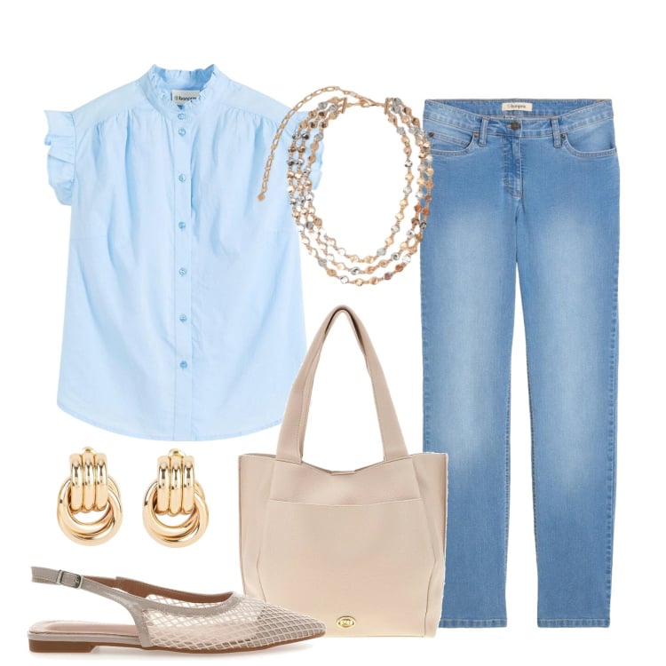 Outfit donna - Naturalmente chic. Stile Basic per Tutti i giorni. Abbinamento con bluse, jeans dritti, orecchini, collane, ballerine, borse a spalla.
