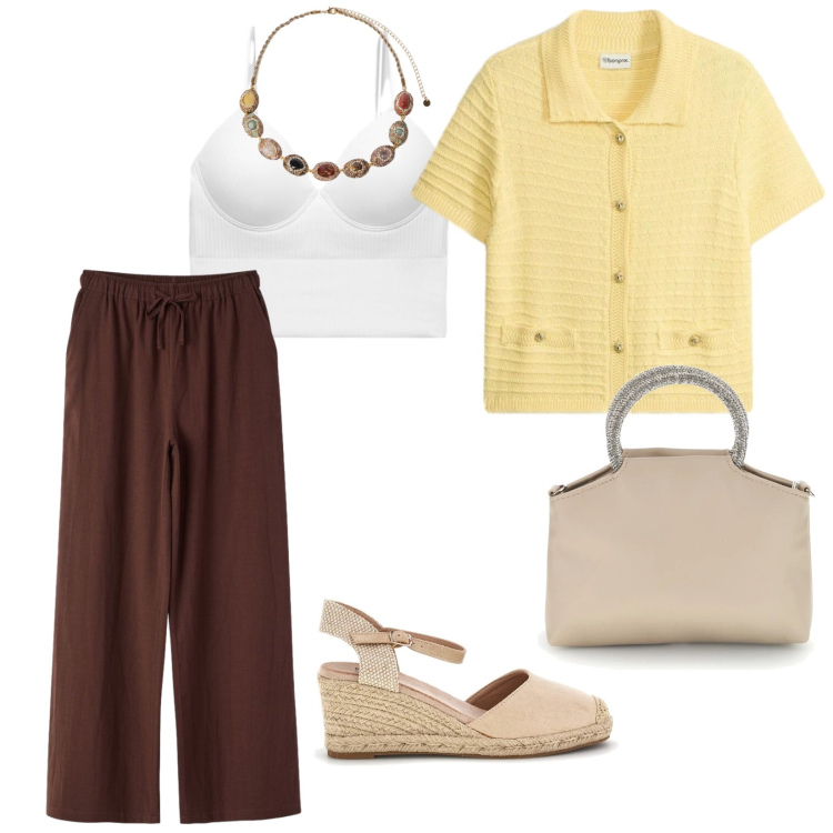 Outfit donna - Urban. per Tutti i giorni. Abbinamento con cardigans, top, pantaloni, collane, zeppe, borse a mano.