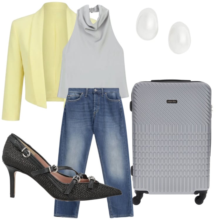 Outfit donna - Denim chic. Stile Casual chic per Tutti i giorni. Abbinamento con décolleté, jeans dritti, top, bolero, orecchini, valigie.