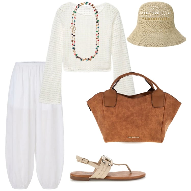 Outfit donna - Zona di mare. per Mare. Abbinamento con maglieria, pantaloni, cappelli, collane, borse a mano, ciabatte.