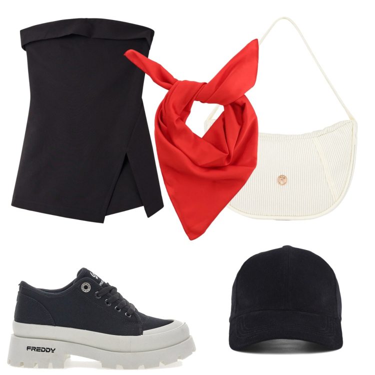 Outfit donna - Minimal. Stile Casual per Tutti i giorni. Abbinamento con tuta corta, foulard, borse a mano, sneakers, cappelli con visiera.