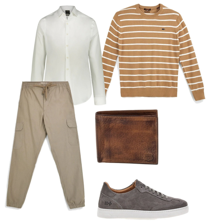 Outfit uomo - Domenica mattina. per Tutti i giorni. Abbinamento con camicie, sneakers, pantaloni cargo, pullovers, portafogli.