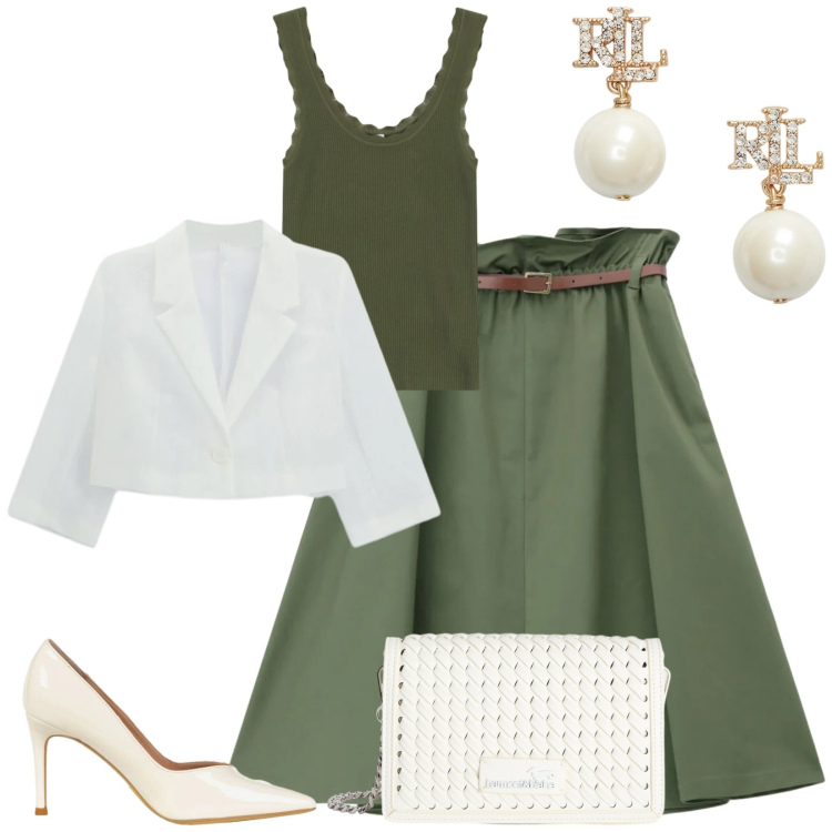 Outfit donna - Total look #2394191. Stile Bon Ton per Cerimonia. Abbinamento con borse a tracolla, gonne longuette, canottiere, blazer, décolleté, orecchini.
