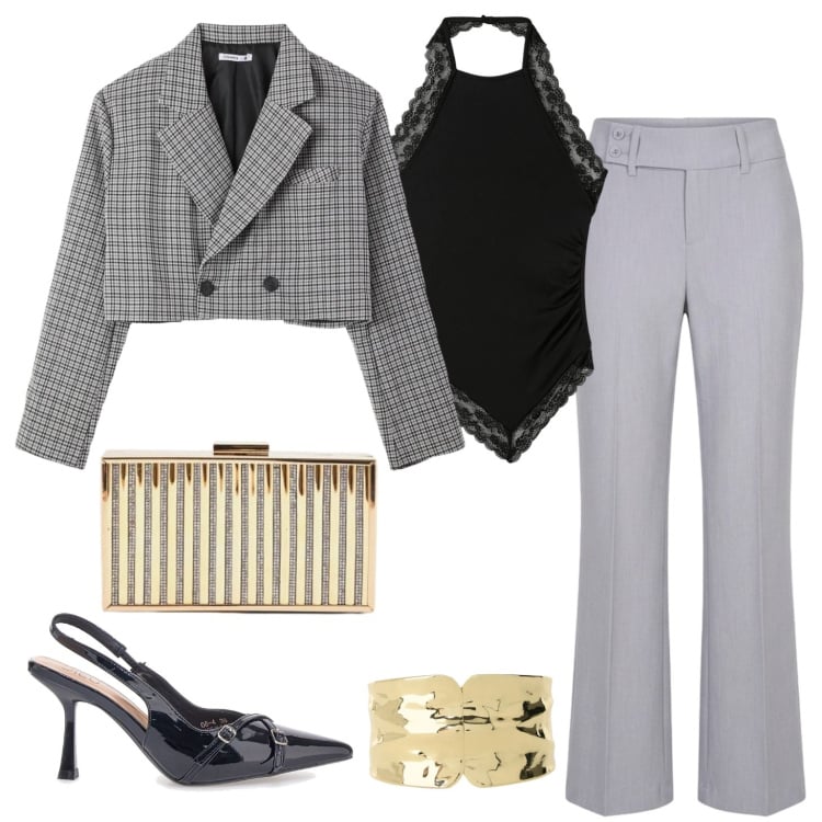 Outfit donna - Cerimonia giorno. Stile Chic per Cerimonia. Abbinamento con pantaloni, blazer, top, braccialetti, clutch, décolleté.