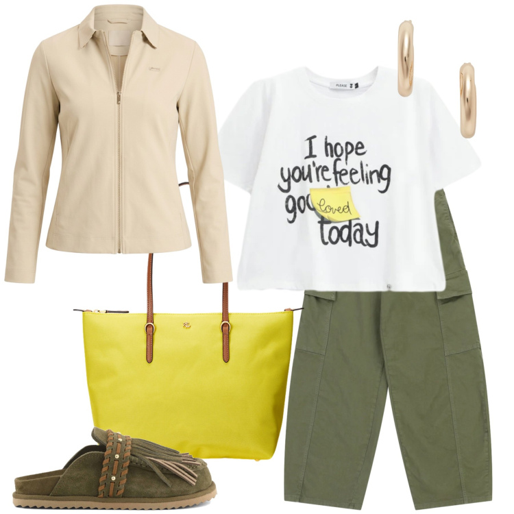 Outfit donna - Comfort e Colore. Stile Casual chic per Tutti i giorni. Abbinamento con t-shirt, pantaloni cargo, felpe, borse tote, orecchini, sabot.