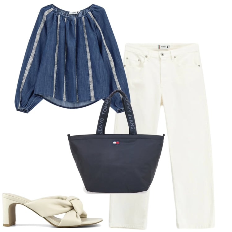 Outfit donna - La blusa Please. Stile Casual chic per Tutti i giorni. Abbinamento con bluse, pantaloni, sandali col tacco, borse tote.