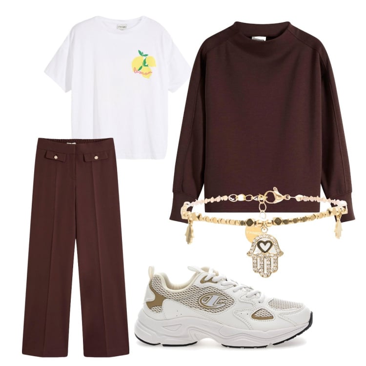 Outfit donna - Terra di limoni. Stile Sporty chic per Tutti i giorni. Abbinamento con felpe, pantaloni, t-shirt, braccialetti, sneakers.