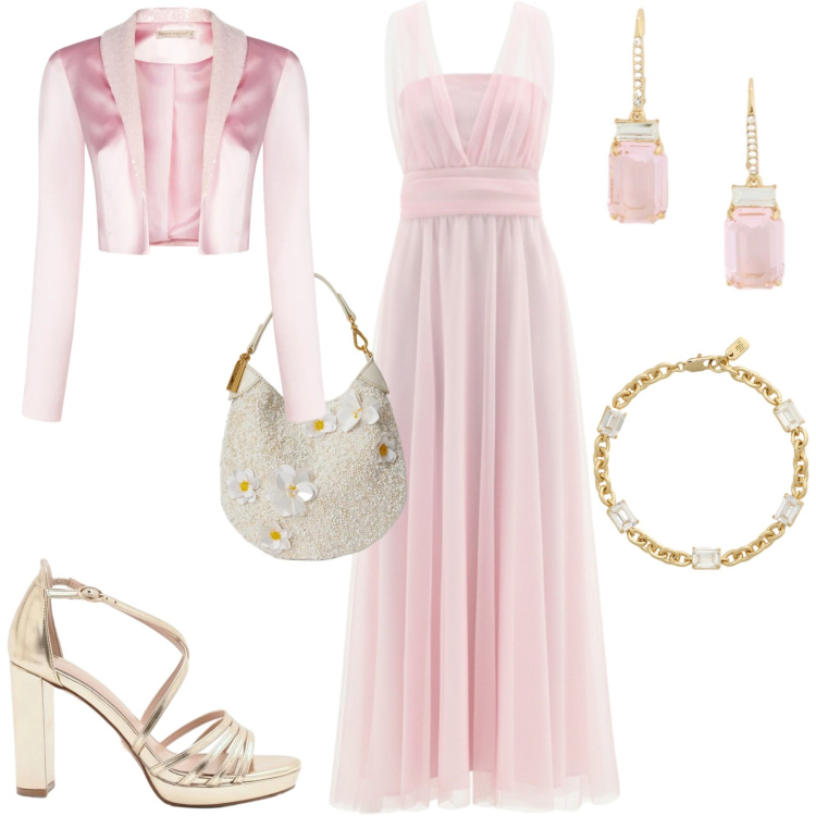 Outfit donna - Cerimonia. Stile Chic per Cerimonia. Abbinamento con vestiti lunghi, sandali col tacco, bolero, pochette, orecchini, braccialetti.
