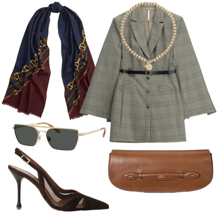Outfit donna - Mia figlia si laurea. Stile Chic per Cerimonia. Abbinamento con vestiti corti, décolleté, clutch, collane, occhiali da sole, sciarpe.
