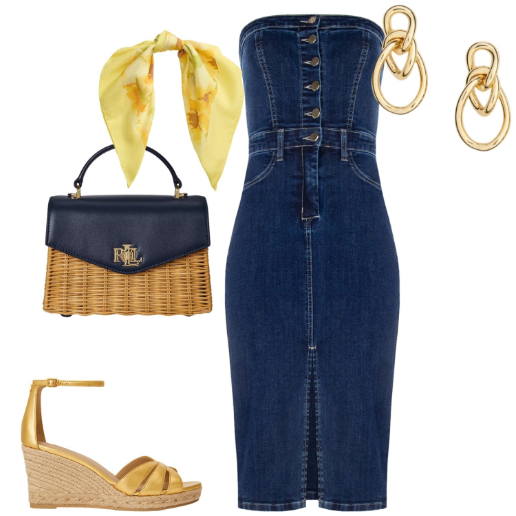 Outfit donna - City. Stile Casual chic per Tutti i giorni. Abbinamento con vestiti a tubino, borse a mano, orecchini, zeppe, foulard.
