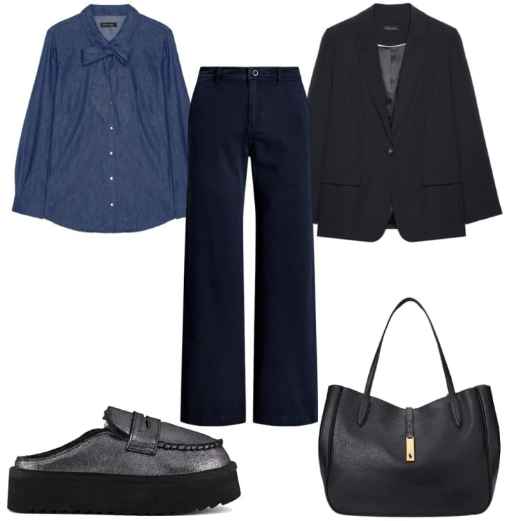 Outfit donna - Total look #2394222. Stile Minimal per Ufficio. Abbinamento con blazer, camicie, pantaloni, borse tote, mocassini.