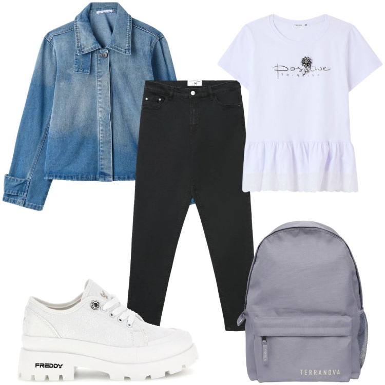 Outfit donna - Total look #2394224. Stile Basic per Scuola/Università. Abbinamento con zaini, jeans skinny, t-shirt, cappotti, sneakers.