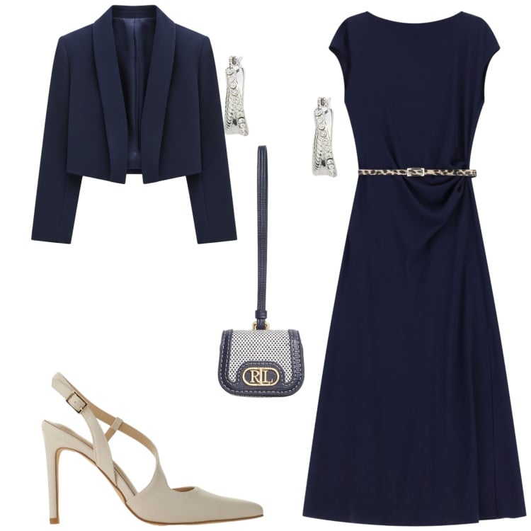 Outfit donna - Elegante in blu. Stile Chic per Cerimonia. Abbinamento con vestiti midi/longuette, décolleté, bolero, orecchini, pochette.