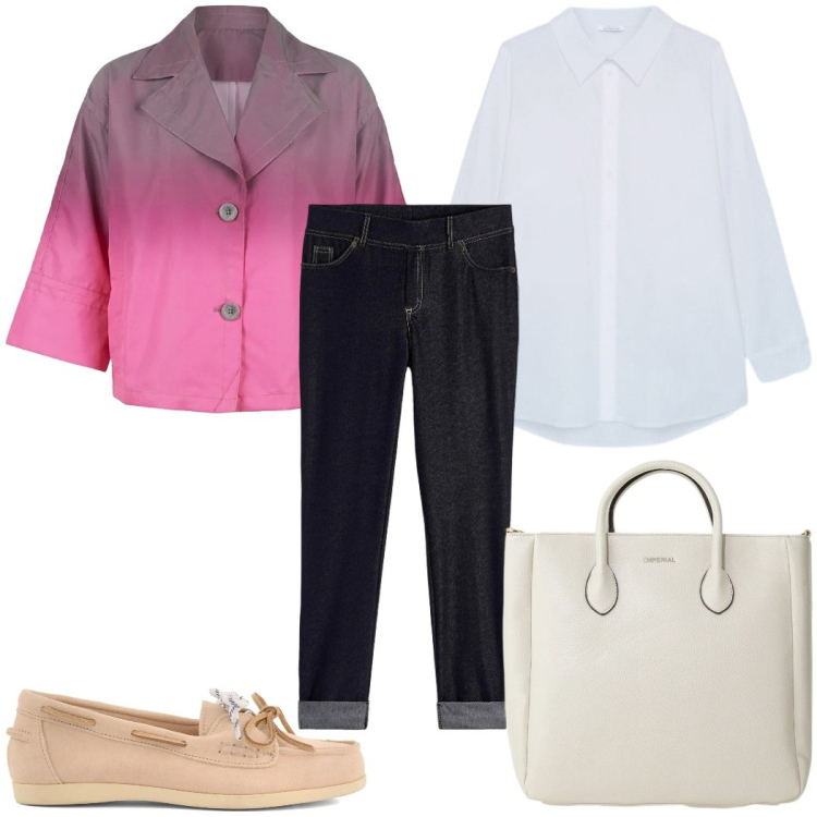 Outfit donna - Total look #2394227. Stile Casual per Tutti i giorni. Abbinamento con jeggings, borse a tracolla, camicie, cappotti, mocassini.