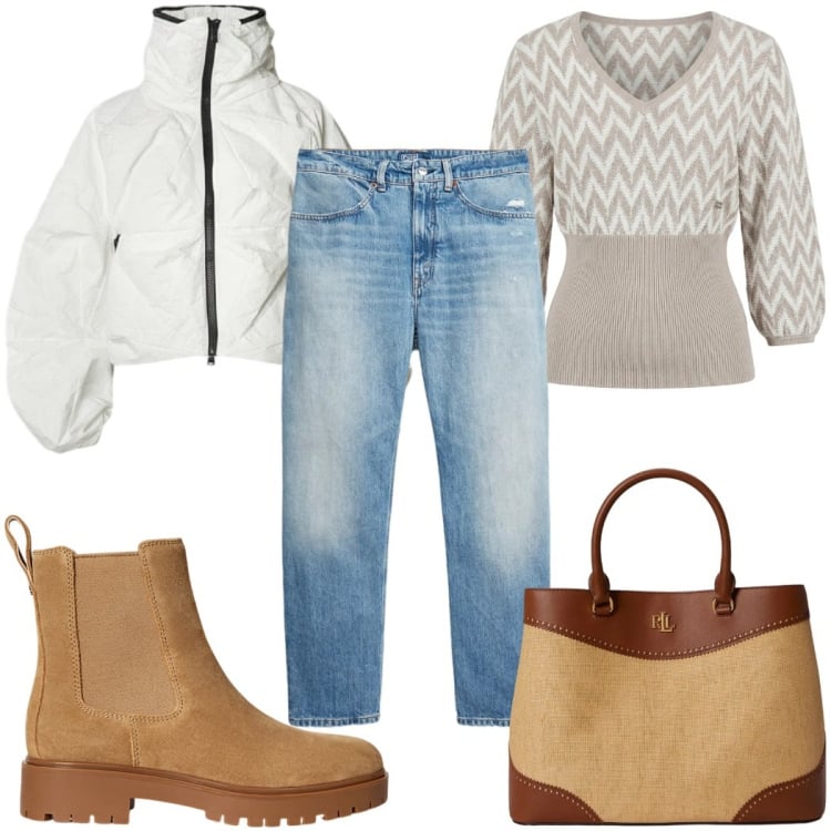 Outfit donna - Total look #2394228. Stile Basic per Tutti i giorni. Abbinamento con maglieria, bomber, stivaletti, borse a mano, jeans.