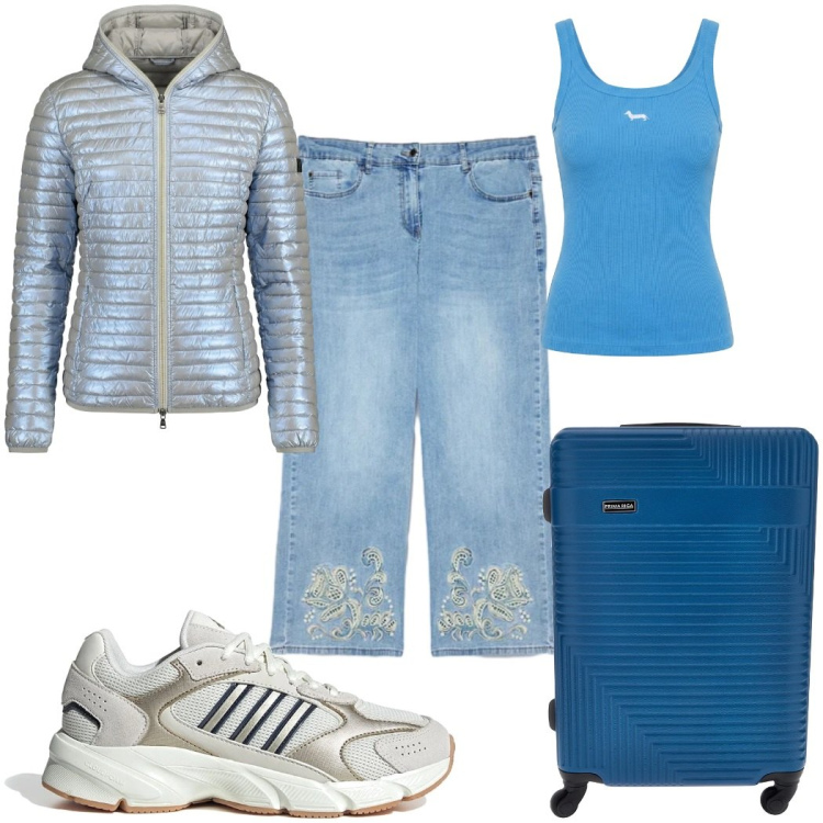 Outfit donna - Total look #2394229. Stile Casual per Tutti i giorni. Abbinamento con canottiere, jeans, piumini, sneakers, valigie.