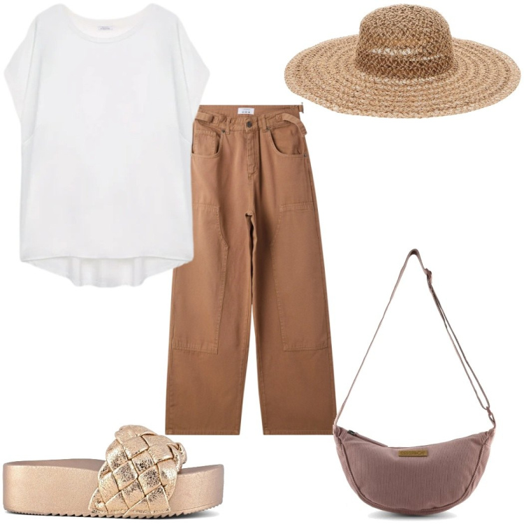 Outfit donna - Total look #2394232. Stile Trendy per Tutti i giorni. Abbinamento con pantaloni, bluse, sandali, borse a tracolla, cappelli.