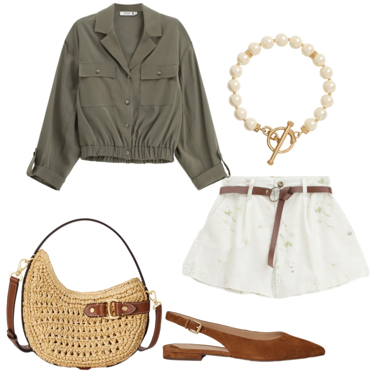 Outfit donna - Safari Urbano & Romantismo. Stile Casual chic per Tutti i giorni. Abbinamento con shorts, camicie, borse a tracolla, ballerine, collane.