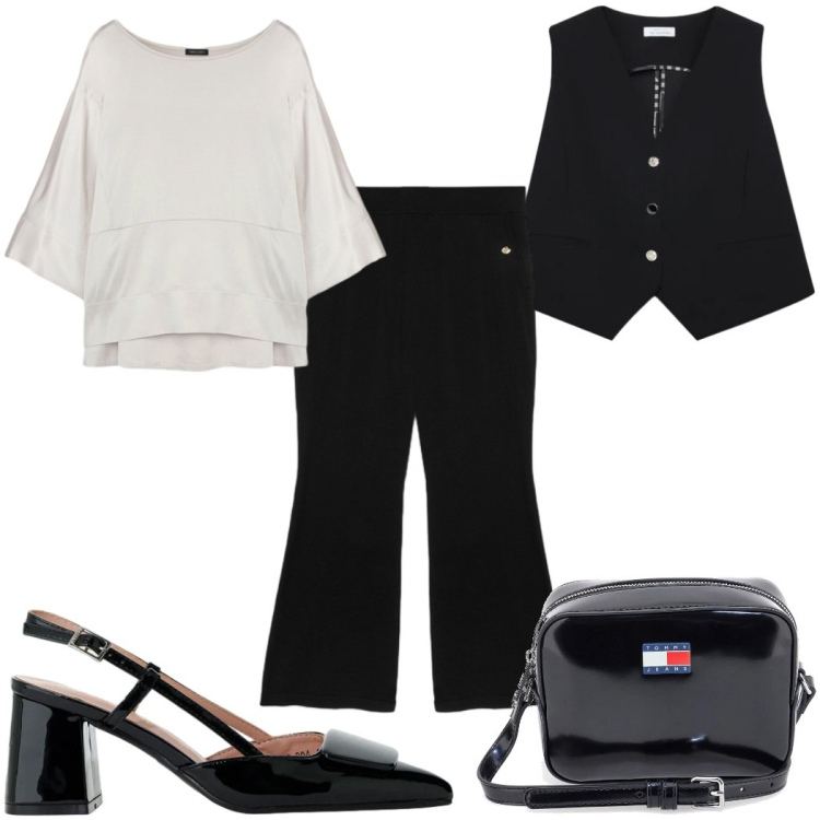 Outfit donna - Total look #2394235. Stile Casual chic per Ufficio. Abbinamento con décolleté, gilet, bluse, pantaloni, borse a tracolla.
