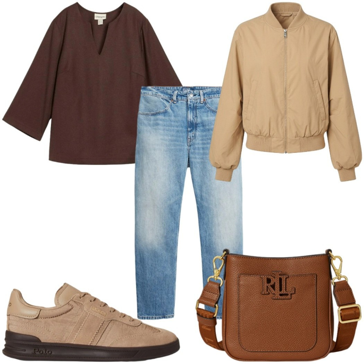 Outfit donna - Total look #2394237. Stile Casual per Tutti i giorni. Abbinamento con tuniche, bomber, sneakers, jeans, borse a tracolla.
