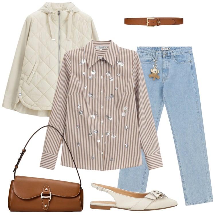 Outfit donna - Preppy Glitter. Stile Preppy per Tutti i giorni. Abbinamento con ballerine, jeans dritti, giacche, camicie, cinture, borse a spalla.