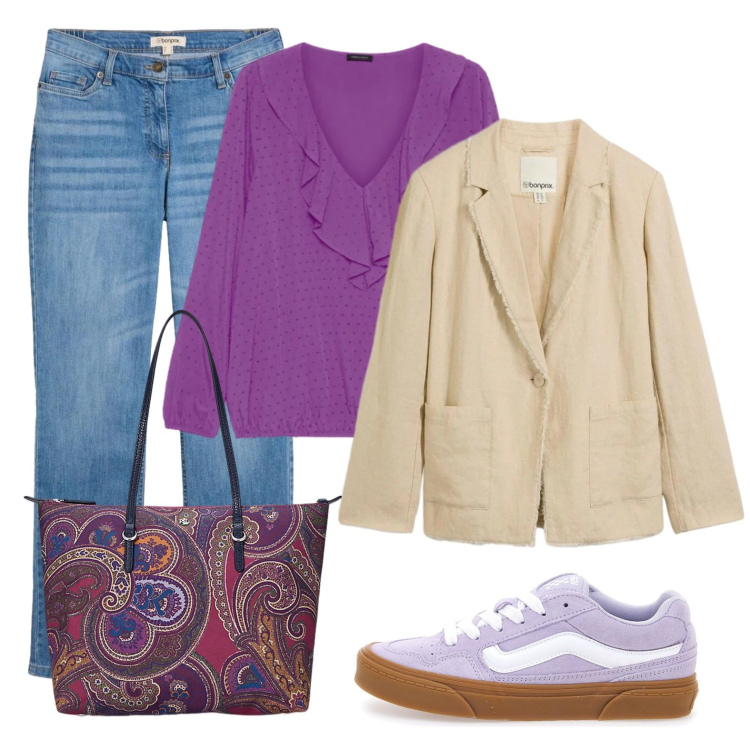 Outfit donna - Passeggiata in centro. Stile Casual per Tutti i giorni. Abbinamento con jeans dritti, blazer, bluse, borse tote, sneakers.