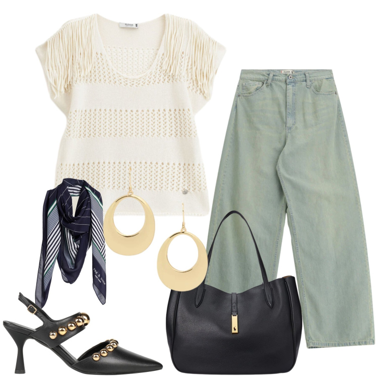 Outfit donna - Boho-Chic Metropolitano. Stile Casual chic per Tutti i giorni. Abbinamento con décolleté, sciarpe, jeans, top, orecchini, borse tote.