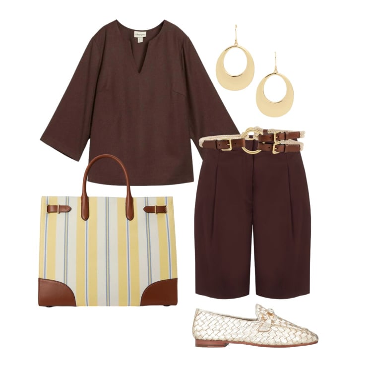Outfit donna - Maggio. Stile Casual chic per Tutti i giorni. Abbinamento con mocassini, tuniche, bermuda, borse tote, cinture, orecchini.