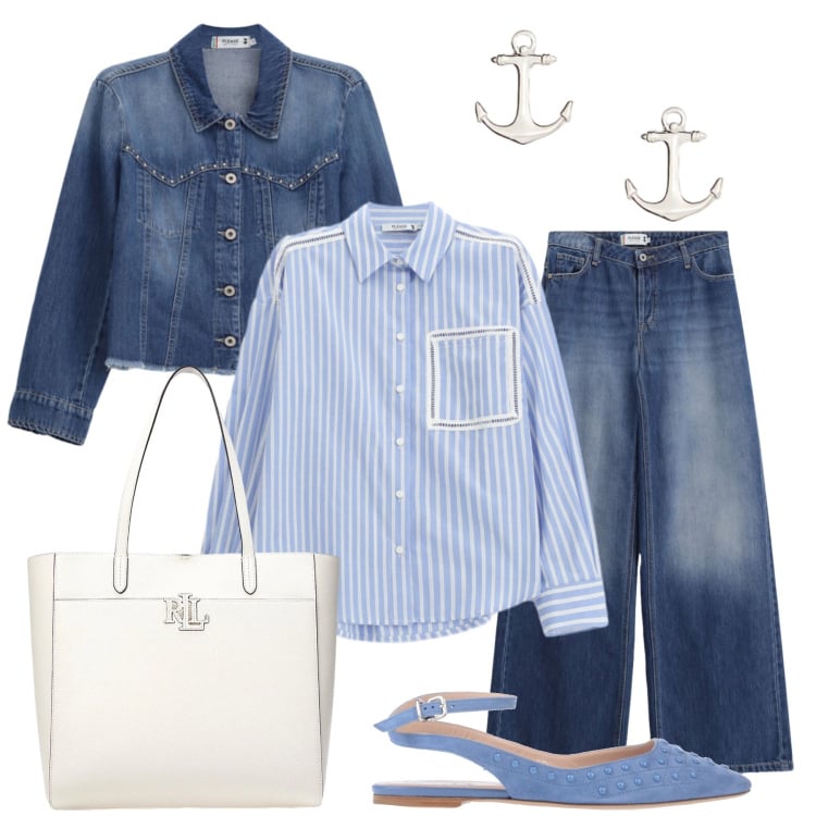 Outfit donna - Blue Denim & Stripes. Stile Casual chic per Tutti i giorni. Abbinamento con ballerine, jeans, camicie, blazer, borse tote, orecchini.