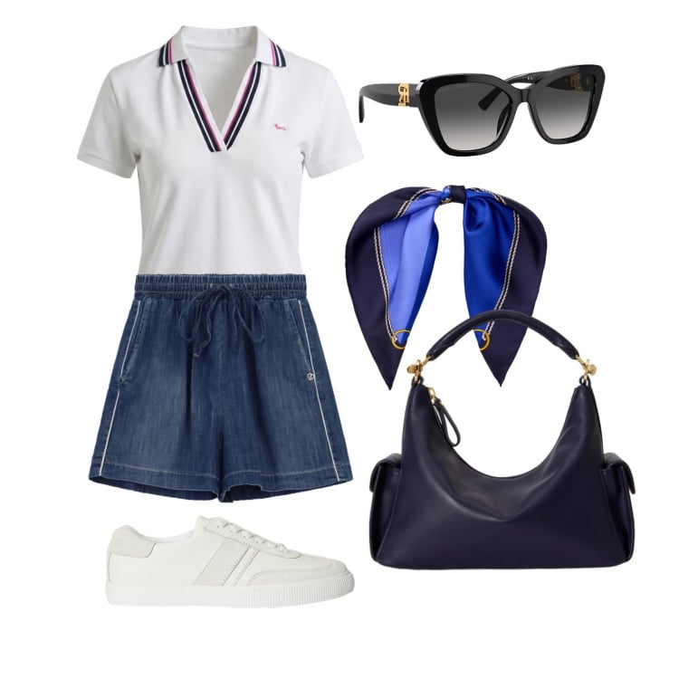 Outfit donna - Maggio. Stile Sporty chic per Tutti i giorni. Abbinamento con polo, shorts, sneakers, foulard, occhiali da sole, borse a spalla.