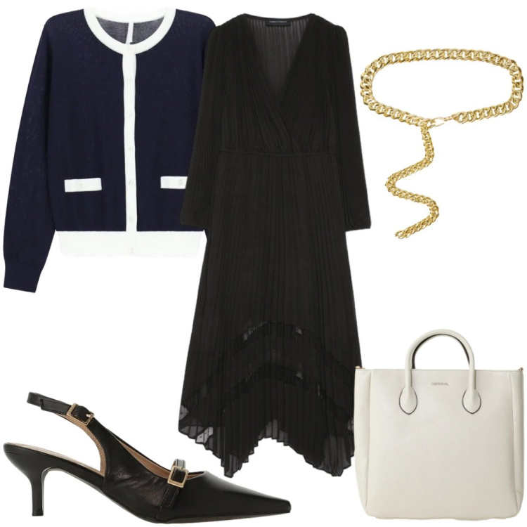 Outfit donna - Total look #2394248. Stile Chic per Tutti i giorni. Abbinamento con sandali col tacco, borse a tracolla, cardigans, vestiti asimmetrici, cinture.