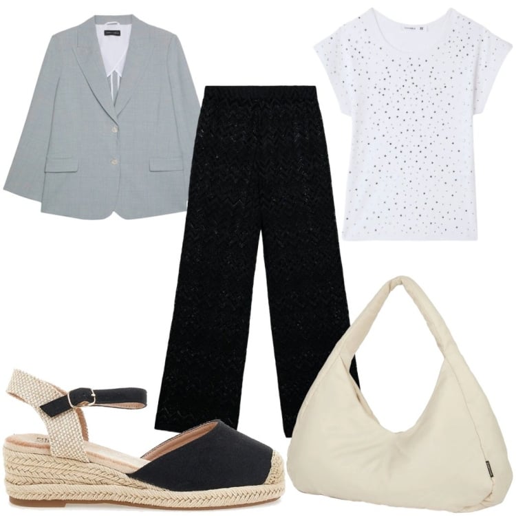 Outfit donna - Total look #2394249. Stile Trendy per Tutti i giorni. Abbinamento con t-shirt, pantaloni, blazer, borse a spalla, zeppe.