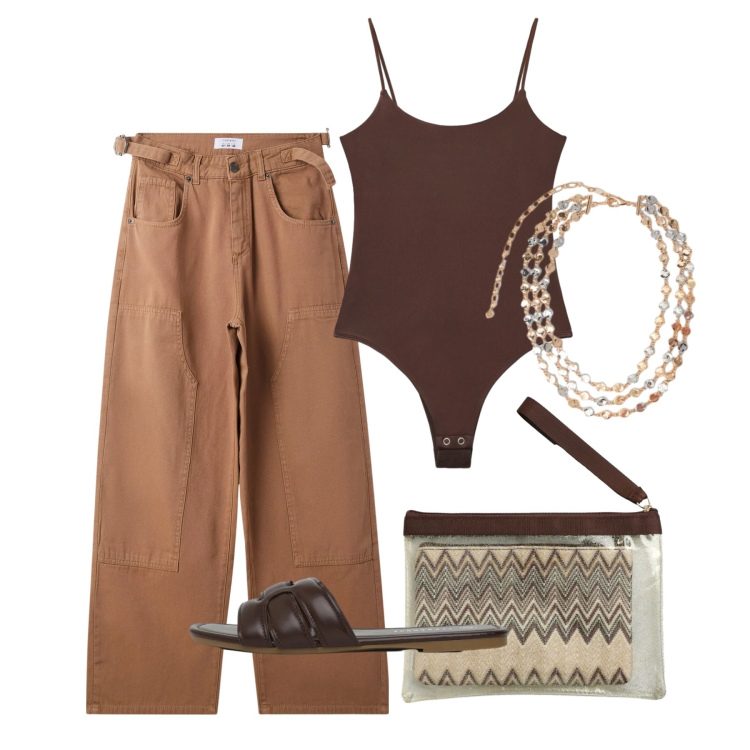 Outfit donna - Maggio. Stile Trendy per Tutti i giorni. Abbinamento con pantaloni, top, pochette, ciabatte, collane.
