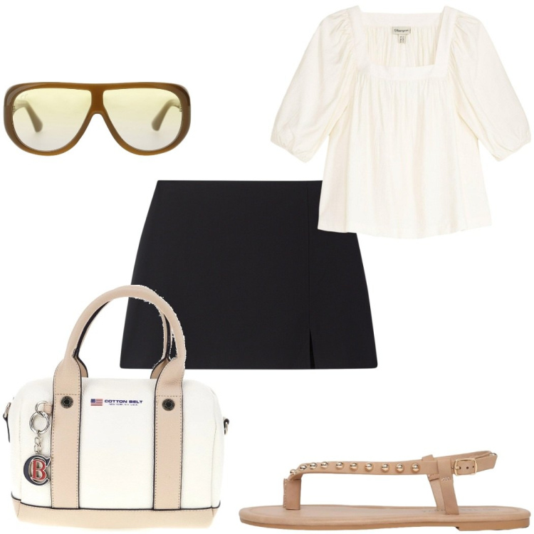 Outfit donna - Total look #2394251. Stile Trendy per Tutti i giorni. Abbinamento con bluse, minigonne, ciabatte, occhiali da sole, borse a mano.