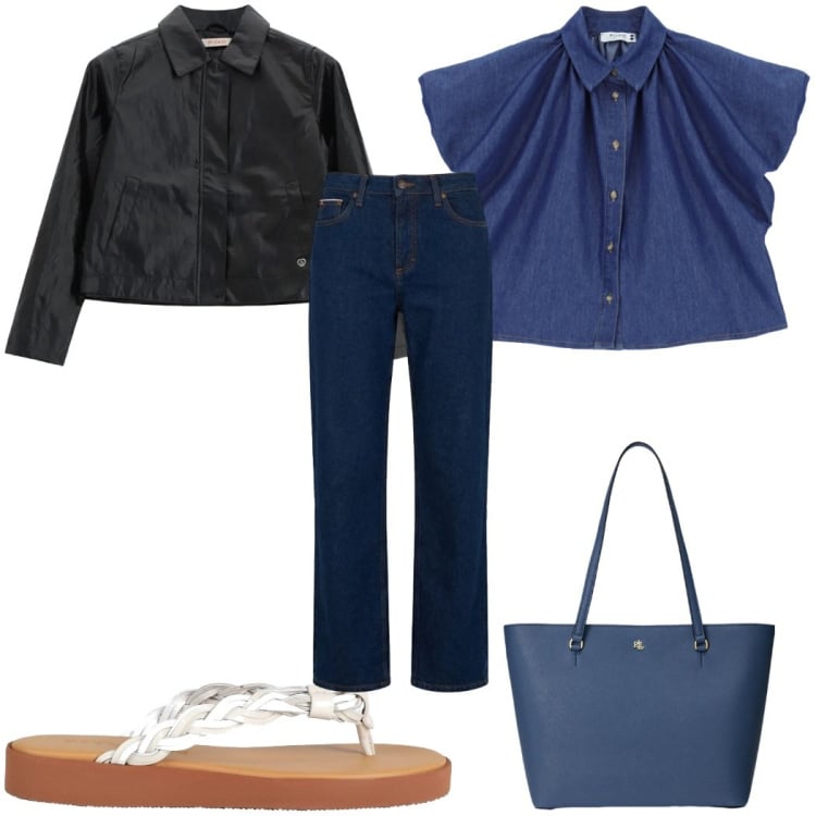 Outfit donna - Total look #2394252. Stile Trendy per Tutti i giorni. Abbinamento con infradito, jeans, camicie a manica corta, blazer, borse tote.