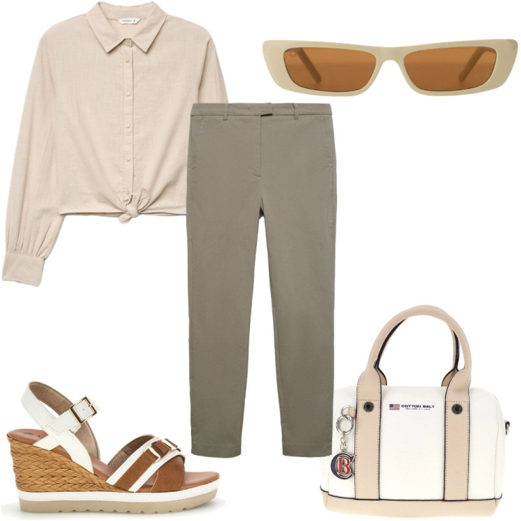 Outfit donna - Total look #2394253. Stile Casual chic per Tutti i giorni. Abbinamento con pantaloni skinny, camicie, occhiali da sole, borse a mano, zeppe.