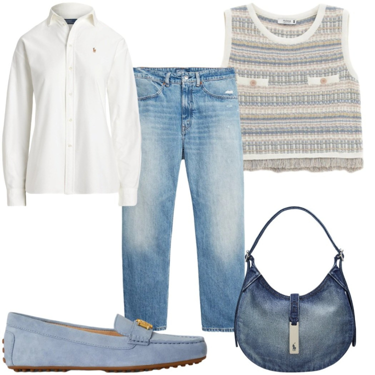 Outfit donna - Total look #2394258. Stile Casual per Tutti i giorni. Abbinamento con top, borse a spalla, jeans, mocassini, camicie.