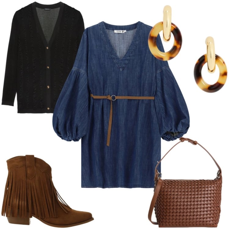Outfit donna - Total look #2394259. Stile Etnico per Tutti i giorni. Abbinamento con borse a spalla, vestiti corti, stivaletti texani, cardigans, orecchini.