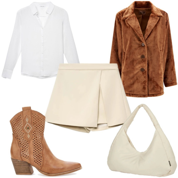 Outfit donna - Total look #2394260. Stile Trendy per Tutti i giorni. Abbinamento con camicie, gonne, borse a spalla, cappotti, stivaletti texani.